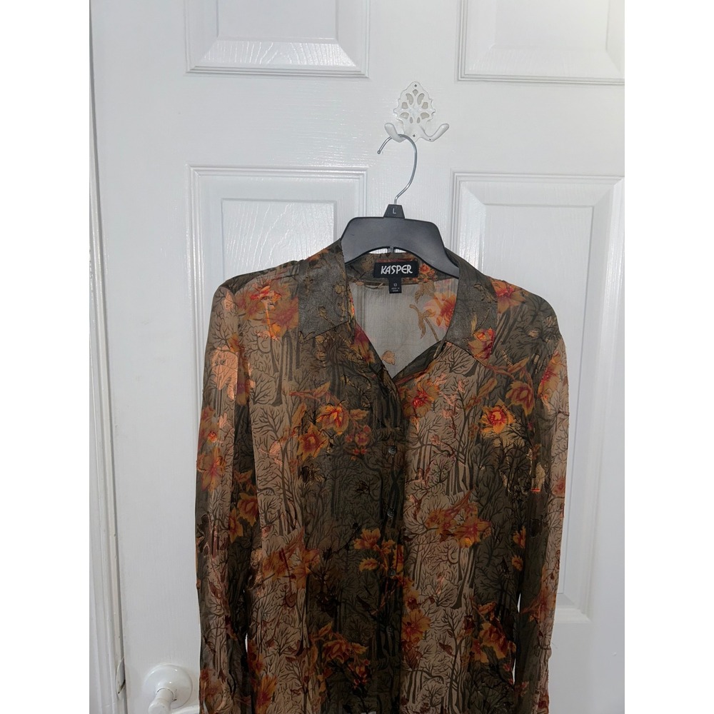 Kasper Womens Brown Floral Sheer Mesh Button Front Blouse Size 10 NWT